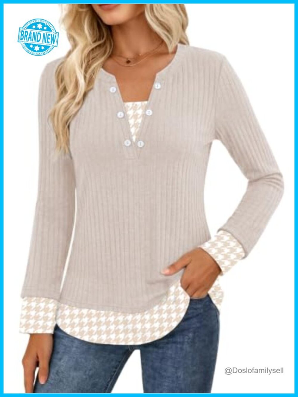 Womens Long Sleeve V Neck Sweater Tunic Plaid Trim Teacher Top